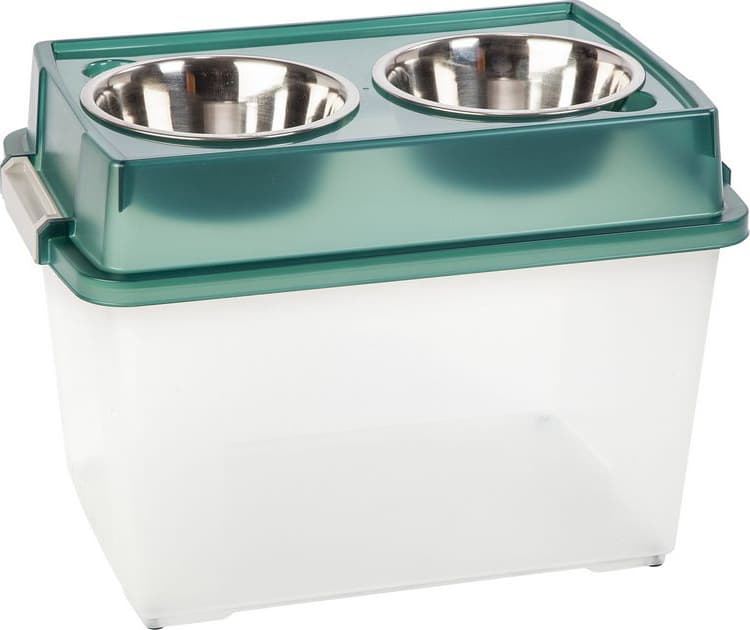 Container for storing dog feed with suitable turquoise bowls