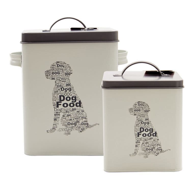 Put dog food in a metal container storage containers, corrugated cardboard, adhesive